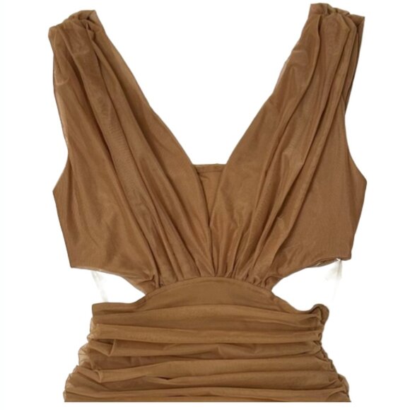 Akira Brown Ruched Mesh Midi Dress S Sleeveless Bodycon Formal Party - Picture 3 of 13